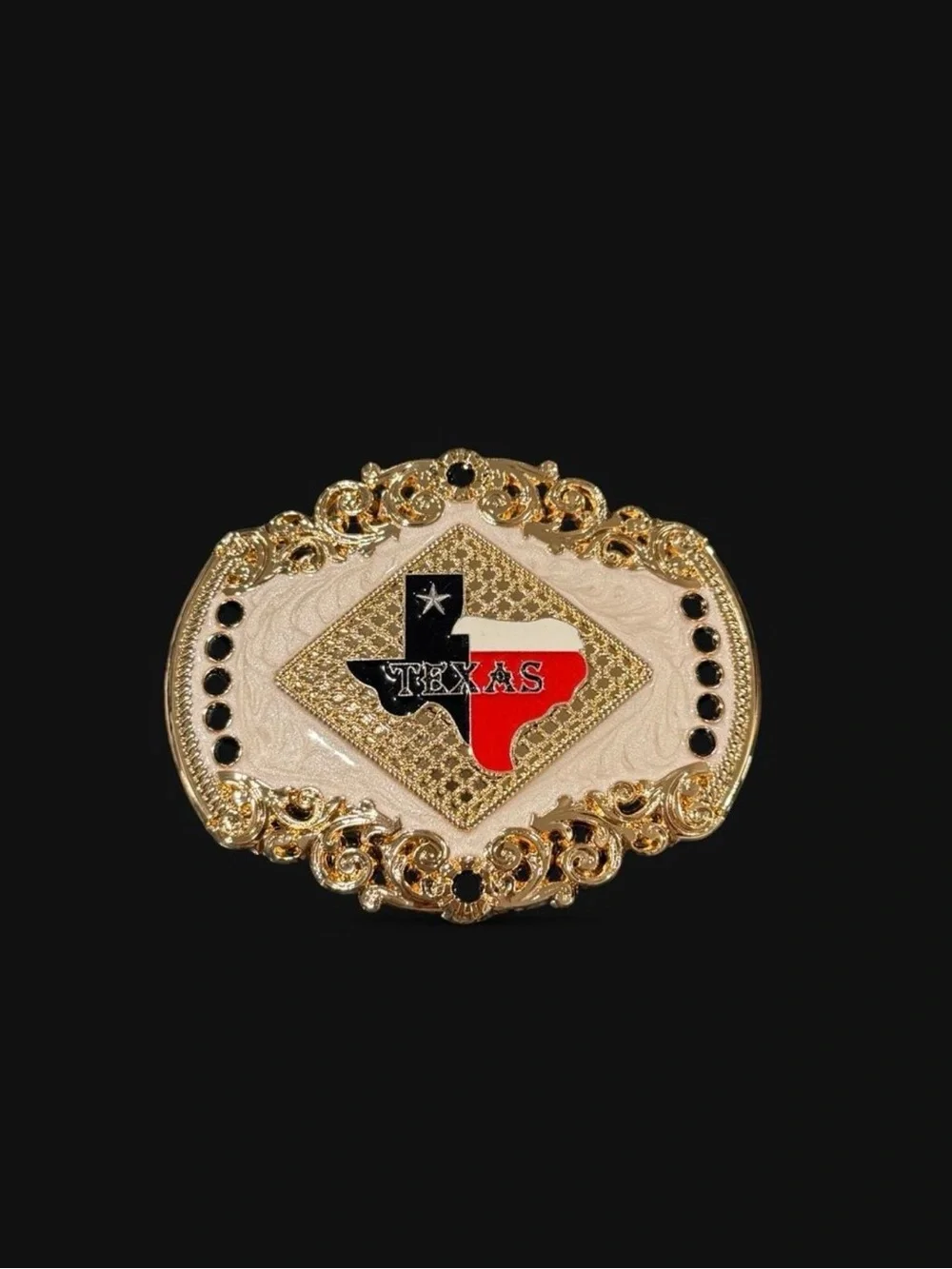 Gold Texas State Western Belt Buckle - Red, Black & White Accent